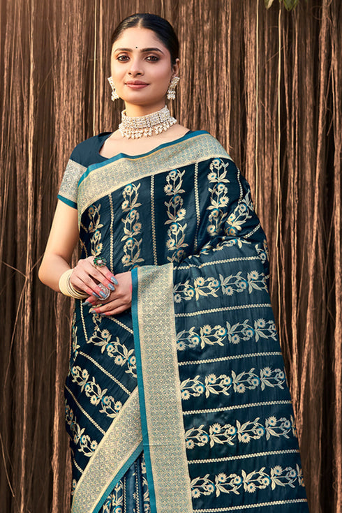 Deeva Sarees Prussian Blue Satin Silk Saree
